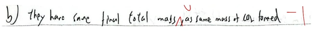 學生手寫答案:they have same final total mass as same mass of CO2 formed,紅筆扣 1 分